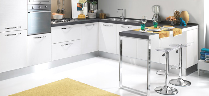 white kitchen with black worktop