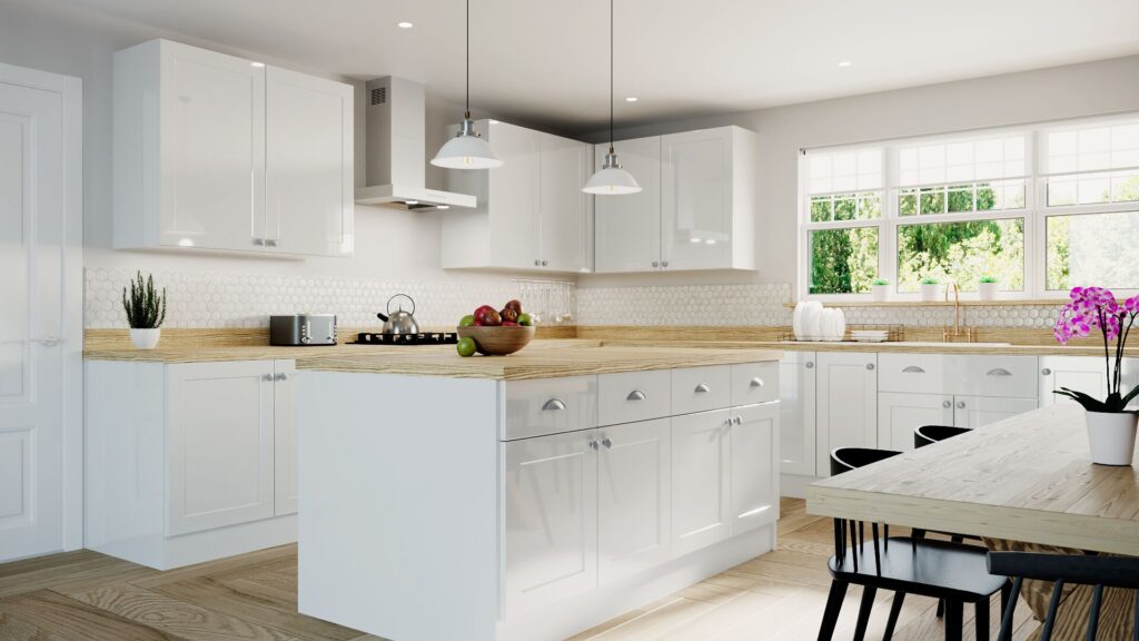 Save money with Narrow Frame Shaker replacement kitchen doors in High Gloss Light Grey